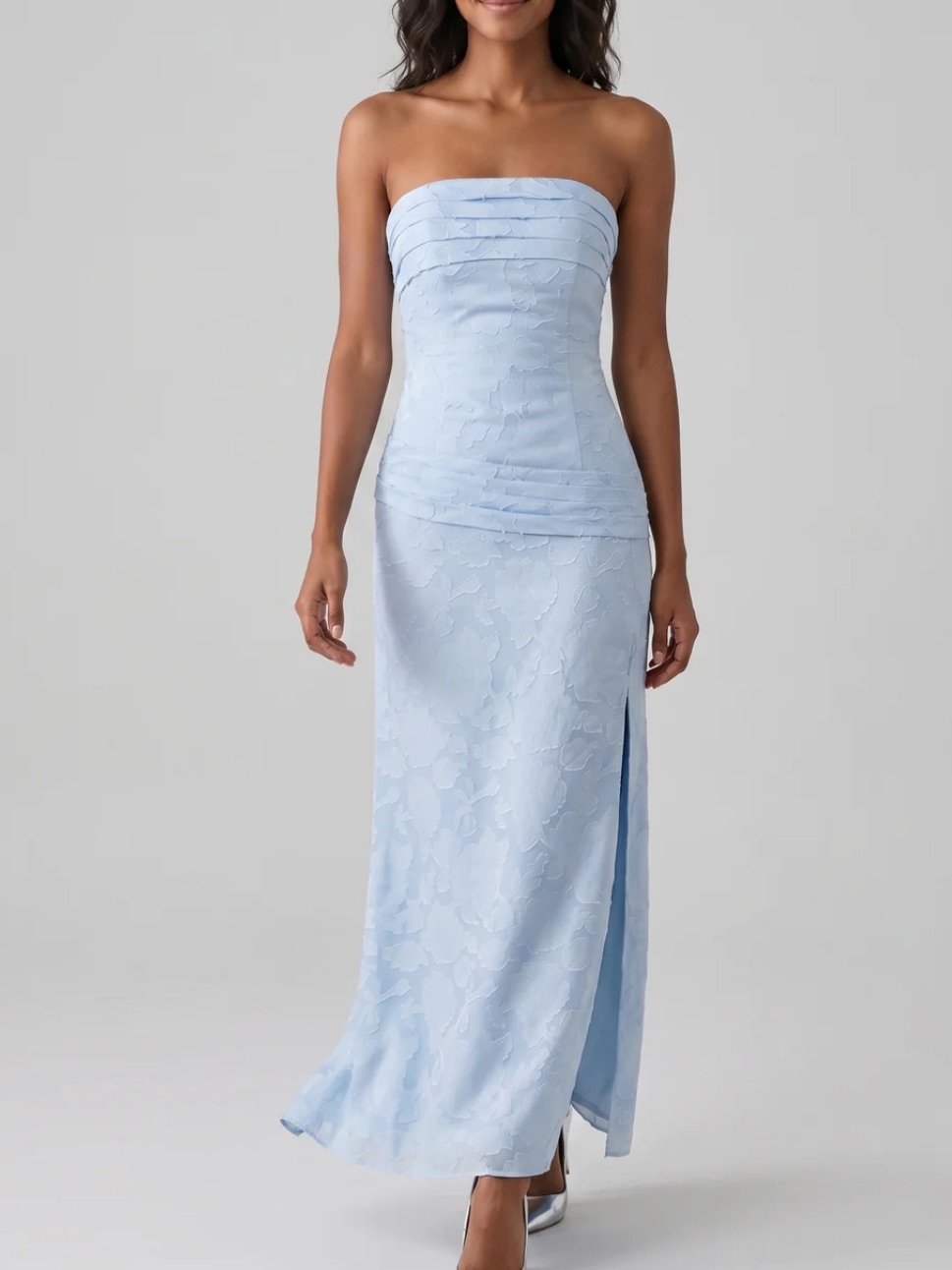 Strapless Pale Blue Jacquard Evening Gown